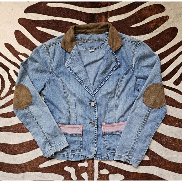 Vintage Y2K 90s BEBE Denim Jacket Fitted Elbow Patches Sz S - Picture 1 of 5